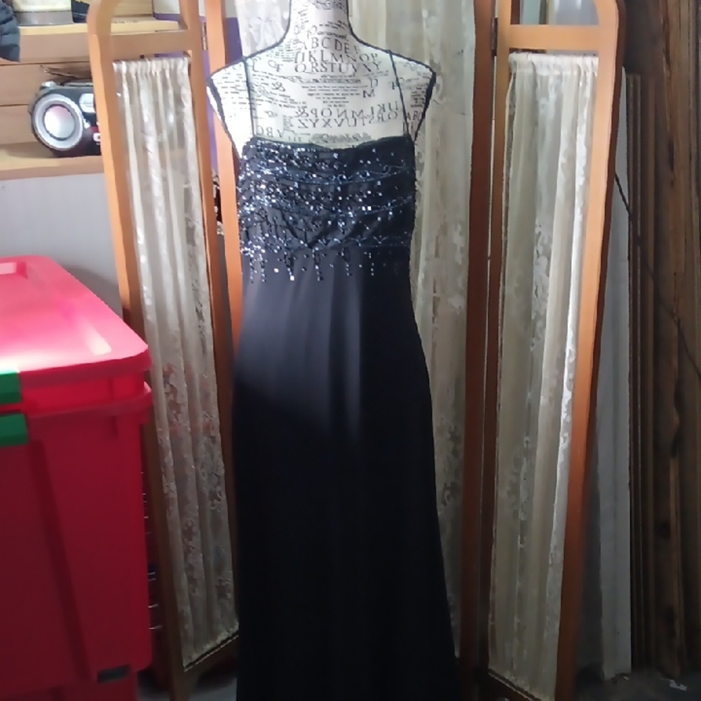 Betsy & Adam Strapless Black Gown with Embellishments